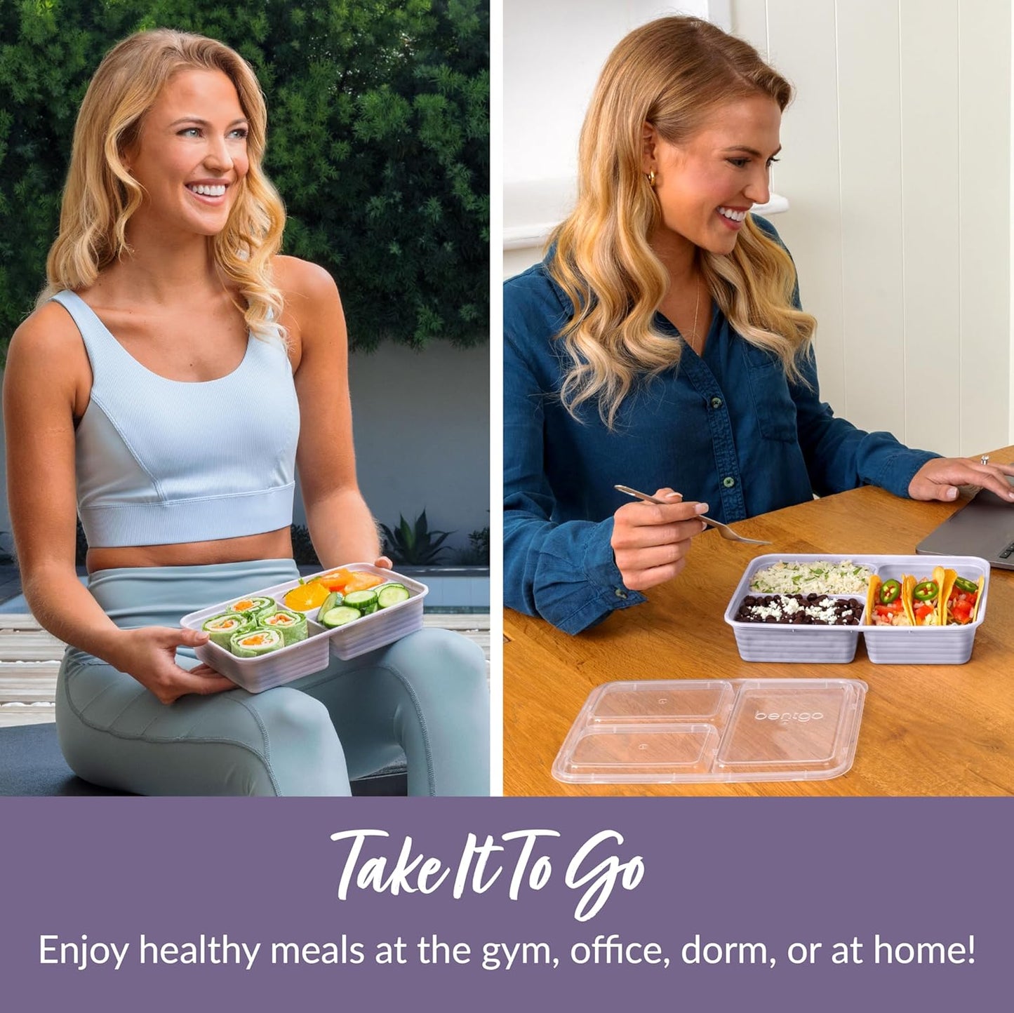 Bentgo 20-Piece Lightweight, Durable, Reusable BPA-Free 3-Compartment Containers - Microwave, Freezer, Dishwasher Safe - Lilac