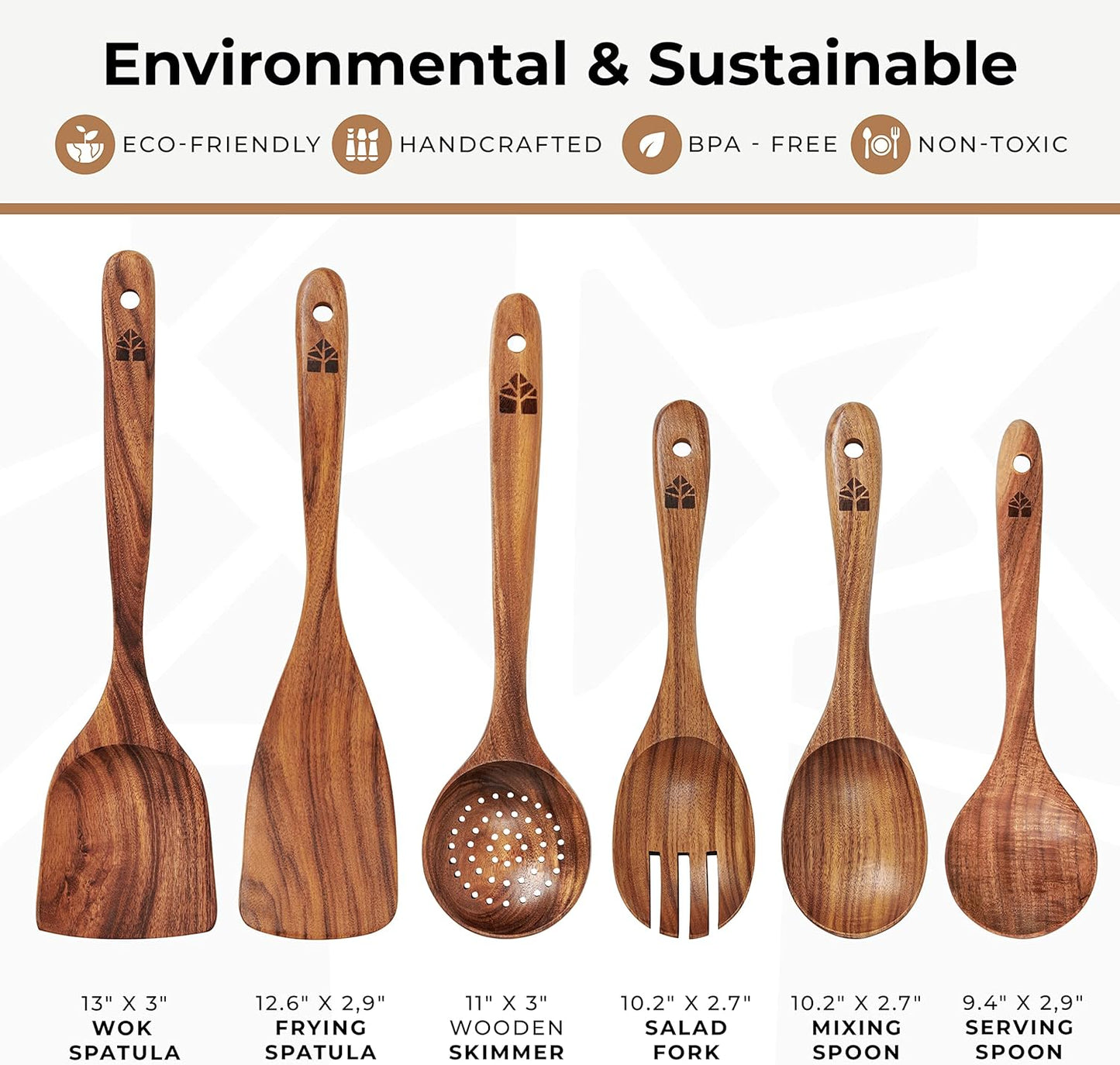 Wooden Spoons for Cooking – Wooden Kitchen Utensils Set, 6 Pcs Teak Wood Utensil Set – Comfortable Grip Non–Stick Wooden Cooking Utensils