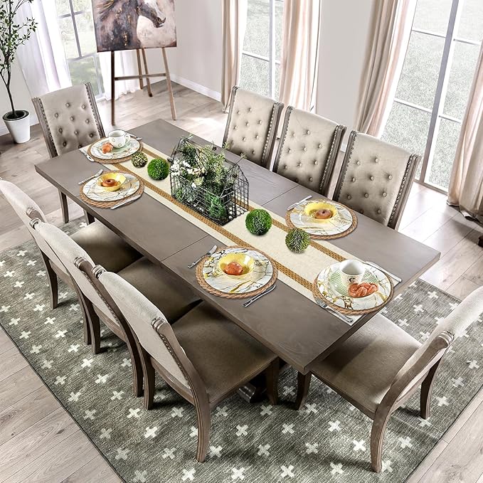 Niviy Round Woven Placemats Set of 4, with 72 Inches Long Farmhouse Macrame Table Runner Burlap Cotton Linen Table Runners Chargers for Dinner Plates, Beige & Brown