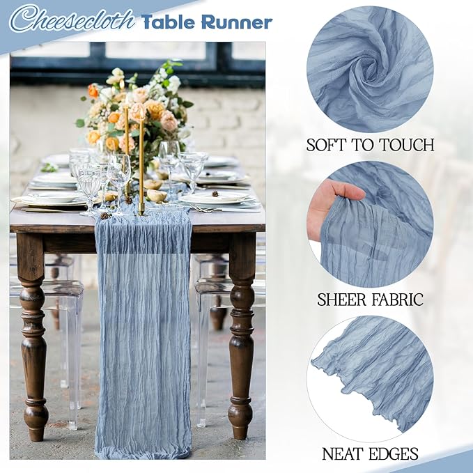 Aktor 12 Pack Dusty Blue Cheesecloth Table Runner 10Ft Gauze Table Runner Boho Semi Sheer Cheese Cloth Fabric Runners for Wedding Birthday Baby Shower Party Table Decoration（Dusty Blue）