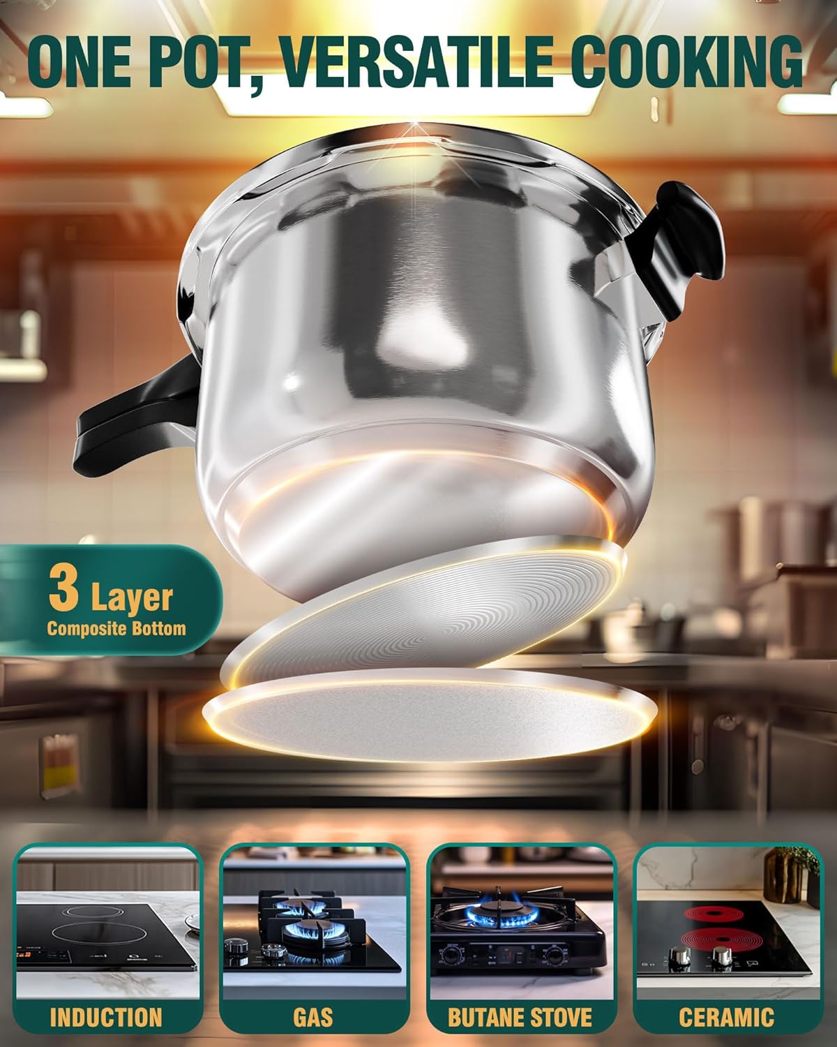 WantJoin Stainless Steel Pressure Cooker, Spring Valve Safeguard Devices, Gas Stove Eletric Stove Cooking (14qt)