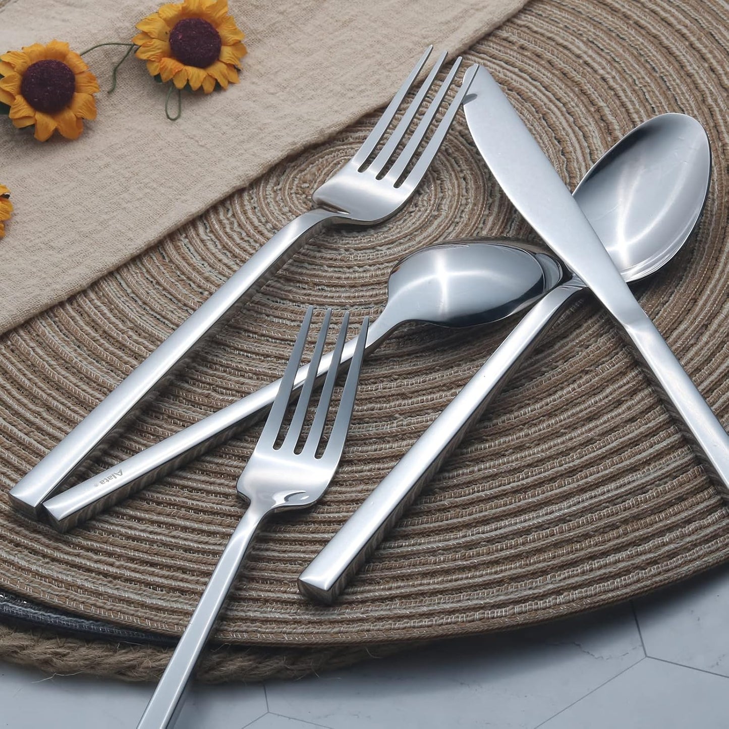 Alata Cube 45-Piece Forged Stainless Steel Flatware Set Cutlery Set,Service for 8,Silver Finish,Dishwasher Safe
