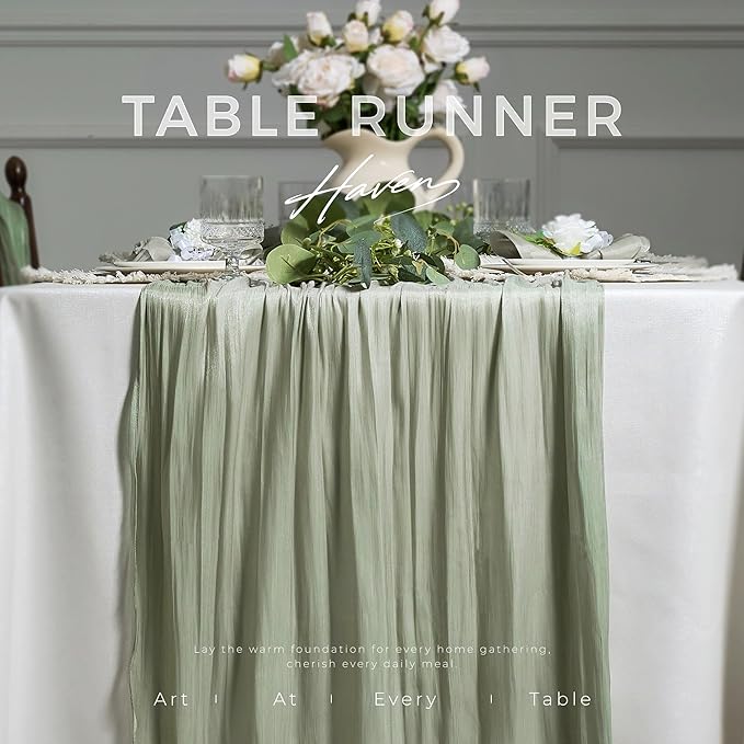 Leetaltree Dazzle Table Runner-Luxury Scarf Table Runner 120 Inch 10FT - Liquid Silk Shine, Elegant Gift Set with Card for Wedding, Christmas, Baby Shower,Holiday & Home Decor (Sage Green, 1 Pack)