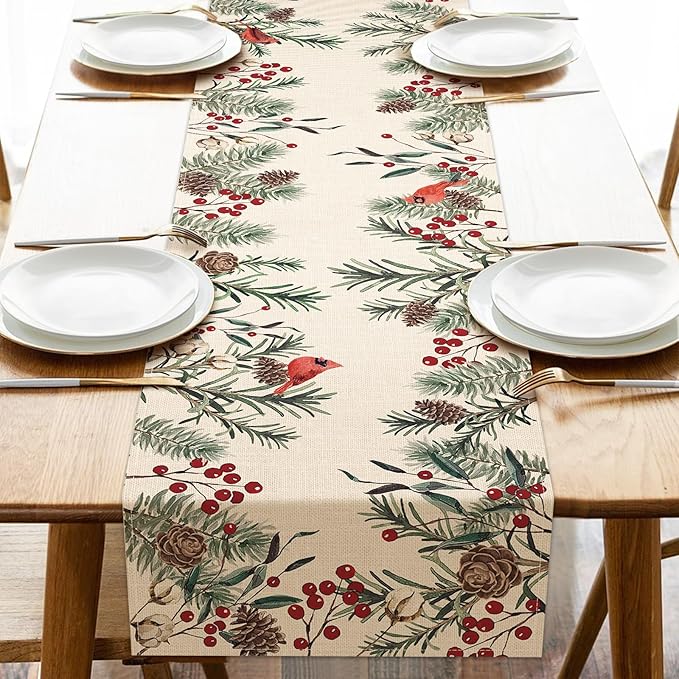 Seliem Winter Pine Needle Branches Table Runner, Pine Cone Cardinal Red Birds Berry Farmhouse Kitchen Dining Table Decor, Christmas Holiday Home Decoration Indoor Outdoor Party Supply 13 x 48 Inches