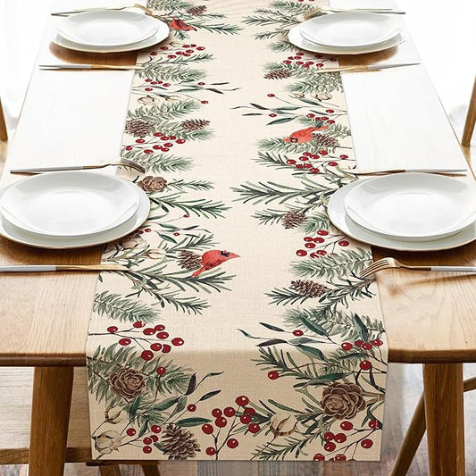 Seliem Winter Pine Needle Branches Table Runner, Pine Cone Cardinal Red Birds Berry Farmhouse Kitchen Dining Table Decor, Christmas Holiday Home Decoration Indoor Outdoor Party Supply 13 x 108 Inches
