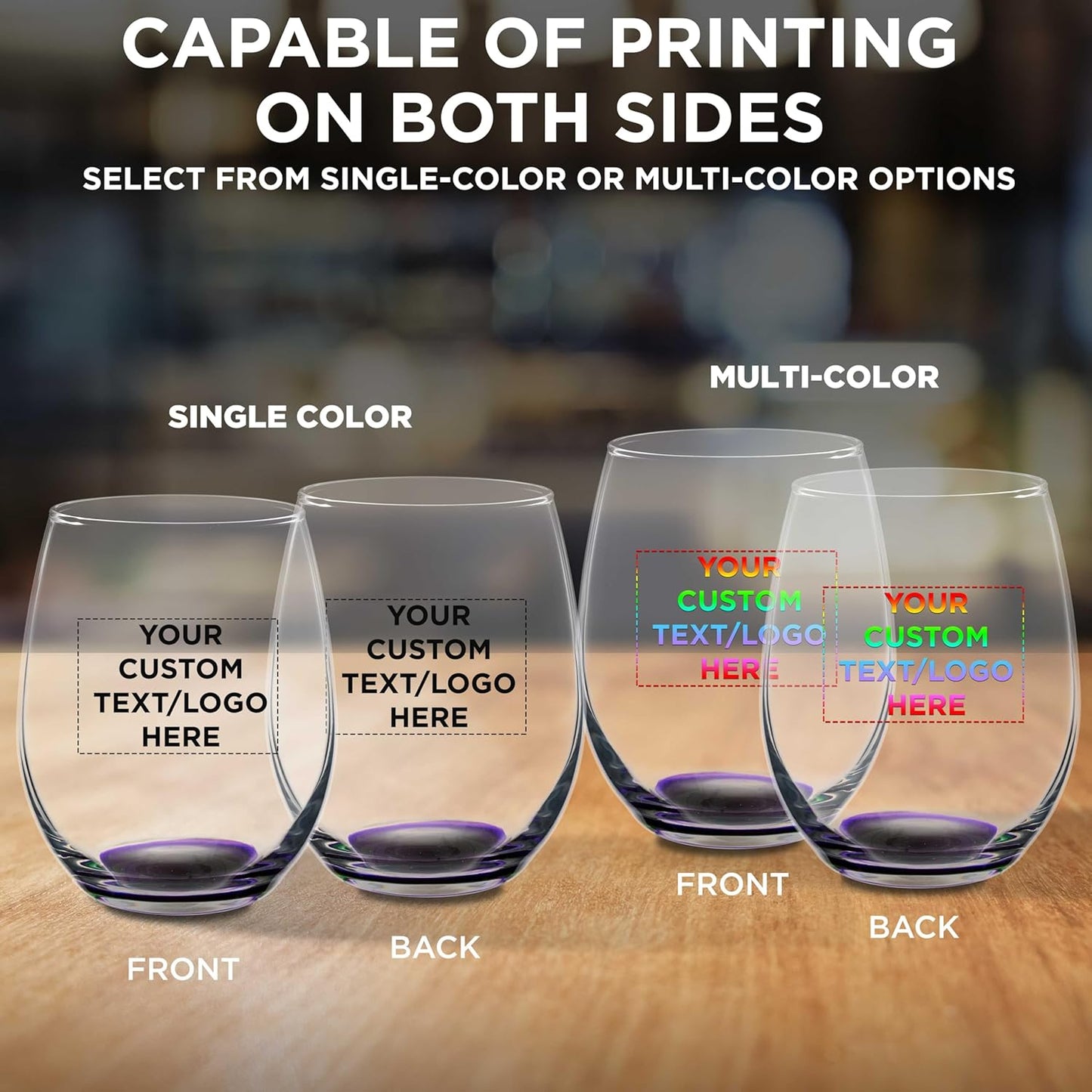 Custom Stemless Wine Glasses in Bulk by ARC Perfection, 15 oz, 10 pack, Personalized Text, Logo, Purple or White Wine Glass Set, Purple