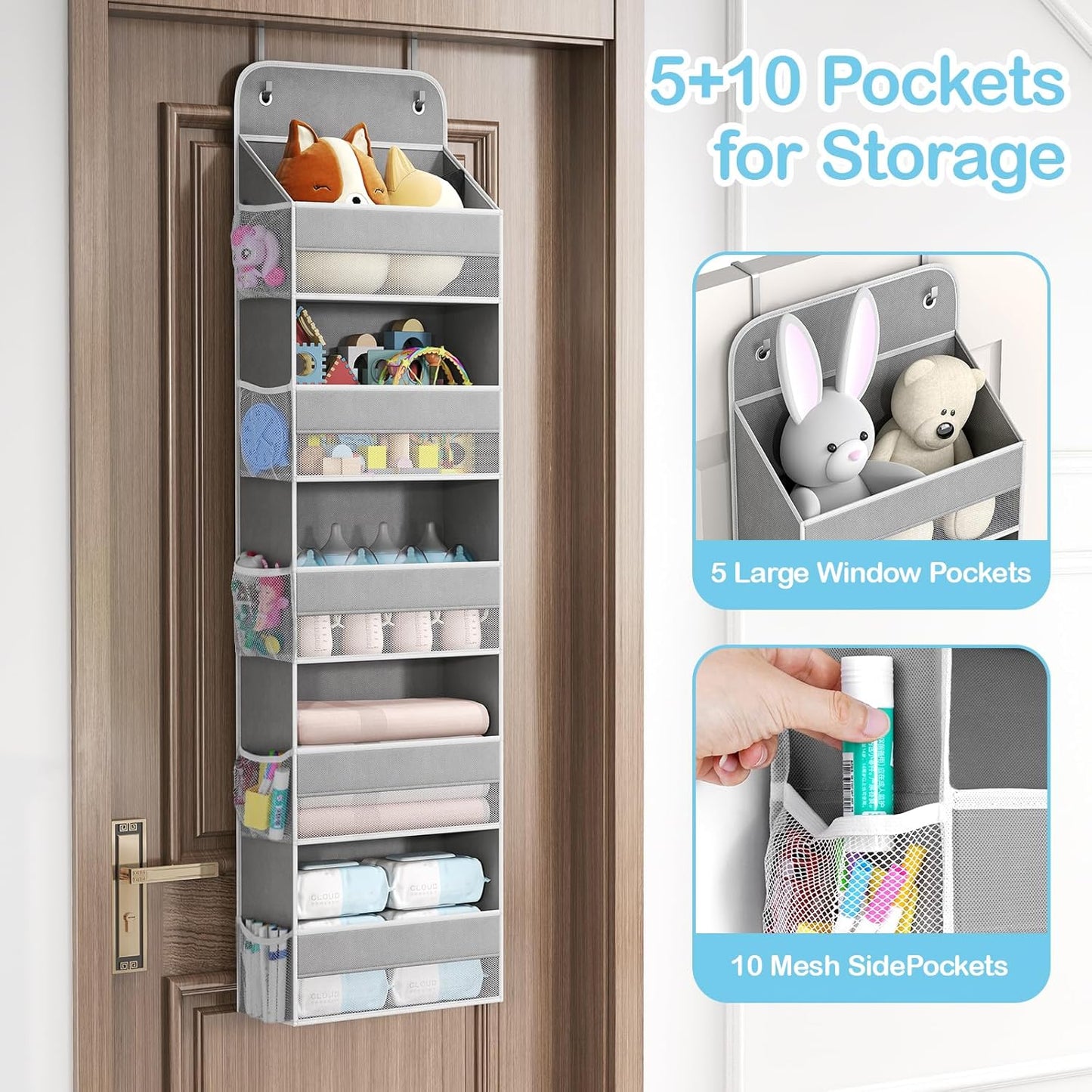 LAMU 1 Pack Over The Door Organizer Hanging with 5 Large Pockets and 10 Mesh Pockets, 44lb Over The Door Storage for Closet, Nursery and Bathroom, Behind The Door Storage with Clothes and Toys, Gray