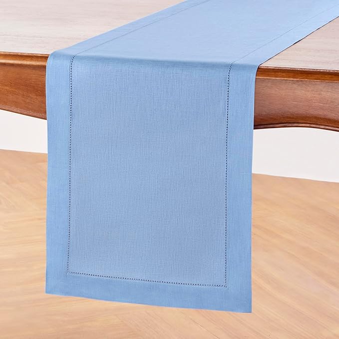 Solino Home Linen Cornflower Blue Hemstitch Table Runner 36 Inches - 100% Pure Linen Table Runner 14 x 36 Inch Ideal for Dresser and Coffee Tables - Classic Hemstitch - Christmas, Holiday, New Year