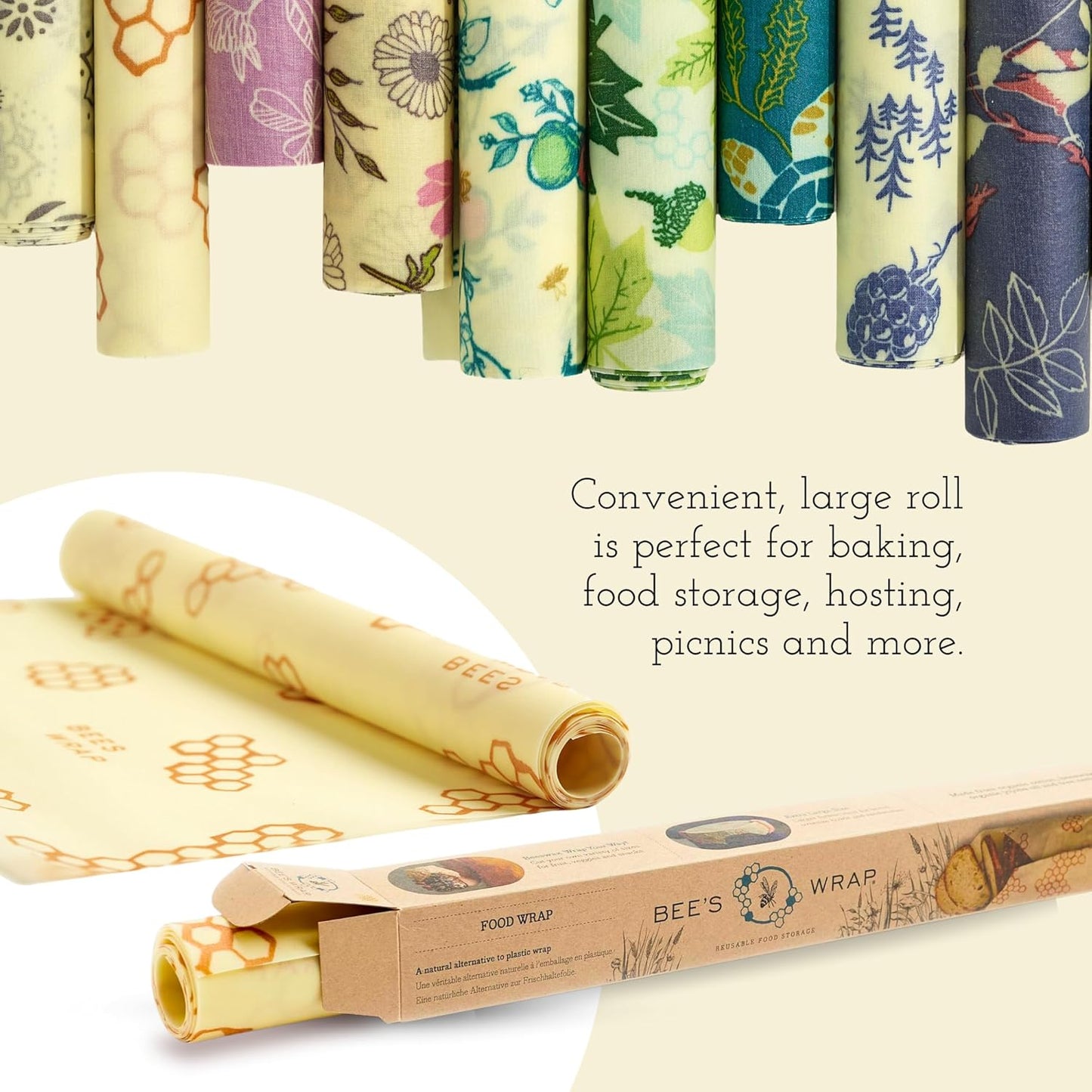 Bee's Wrap Vegan Beeswax Wraps for Food - Meadow Magic Cut to Size 14x52" Wax Paper Roll, Made in USA Reusable Waxed Paper & Bowl Covers, Organic Eco-Friendly Alternative to Aluminum Foil Plastic Wrap