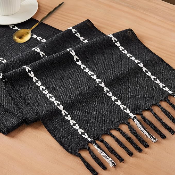 Niviy Halloween Black Table Runner 48 Inches Long, Fall Black Embroidered Striped Braided Boho Table Runner for Holiday Home Party Indoor Outdoor 12 x 48 Inch