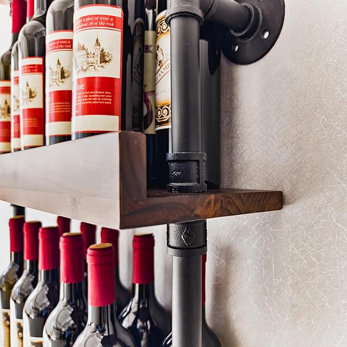 Industrial Wine Rack Wall Mounted, Industrial Pipe Bar Shelf for Wine Display, 5-Tier Rustic Hanging Organizer for Wine Bottle Storage in Kitchen, Bar, Pub, Cellar(Walnut Brown, 24 Inch)