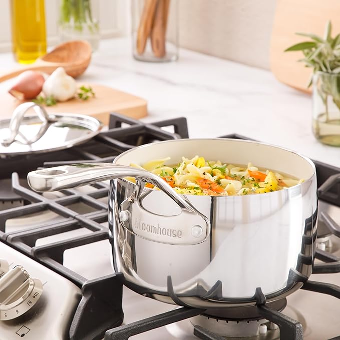 Bloomhouse - Two Time Oprah's Favorite Things Winner - 3-Quart Tri-Ply Stainless Steel Saucepan – Non-Stick, Non-Toxic Pro Ceramic Interior, Durable Cooking Pot for Sauces and Simmering