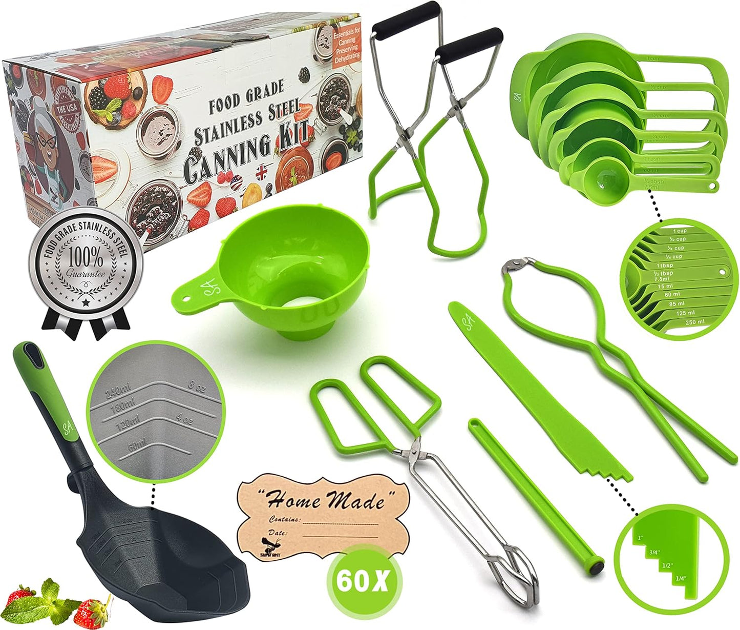 Supa Ant Canning Supplies - US Assembled Certified Food Grade Stainless Steel Canning Kit with XL Ladle, Wide Kitchen Funnel, Jar Lifter and Wrench, Bubble Popper/Measurer, Lid Lifter, Kitchen Tongs