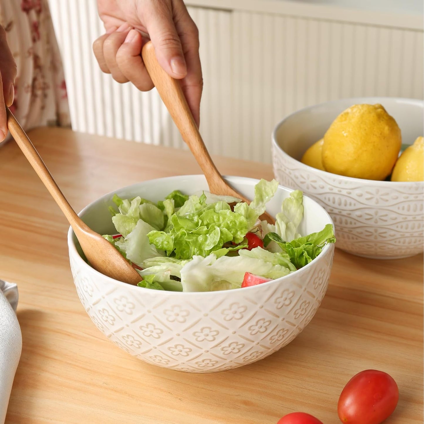 24 OZ Large Soup Bowls Set of 4, Farmhouse Embossment Ceramic Cereal Bowls for Salad, Serving, Fruit, Snack, Noodle, Ramen, Pho, Microwave & Dishwasher Safe, 6 Inch White