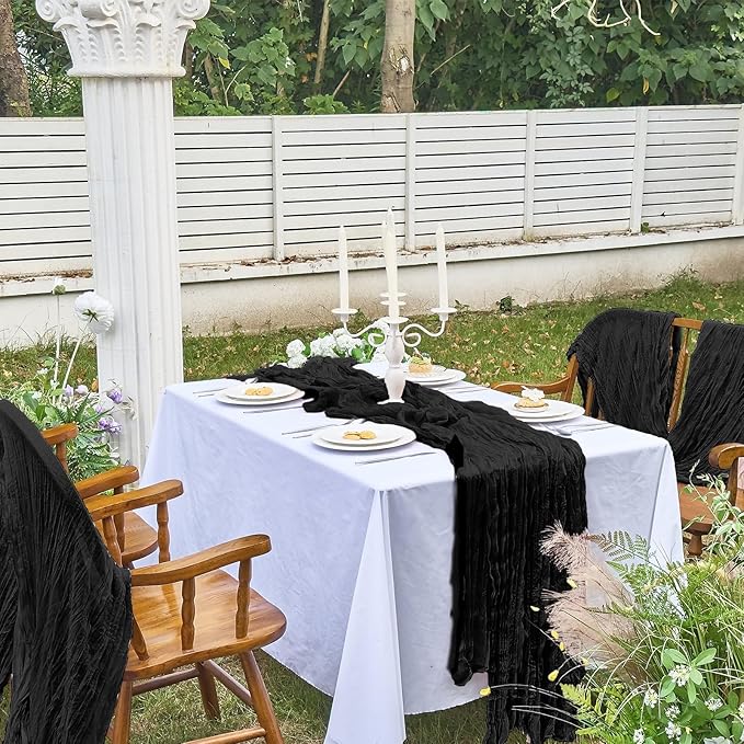 IVAPUPU 2 Pcs Cheesecloth Table Runner - 10ft Black Boho Gauze Black Cheese Cloth Table Runners for Indoor Baby Shower Decoration Wedding Party Summer Garden Fall Thanksgiving Decor