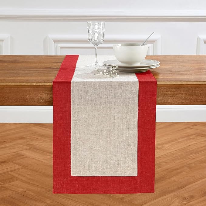 Solino Home Linen Table Runner 72 Inches Long - Red and Natural 100% Pure Linen 14 x 72 Inch Table Runner for Dining, Christmas, Holiday, Winter, New Year - Contempo