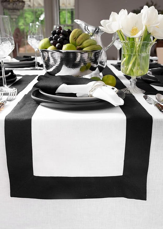 Solino Home Linen Table Runner 48 Inches - 100% Pure Linen Black and White Table Runner 14 x 48 Inch Ideal for Dresser and Coffee Tables - Winter, Holiday - Contempo