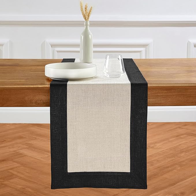 Solino Home Linen Table Runner 120 Inches Long - Black and Natural 100% Pure Linen 14 x 120 Inch Table Runner for Dining, Winter - Contempo