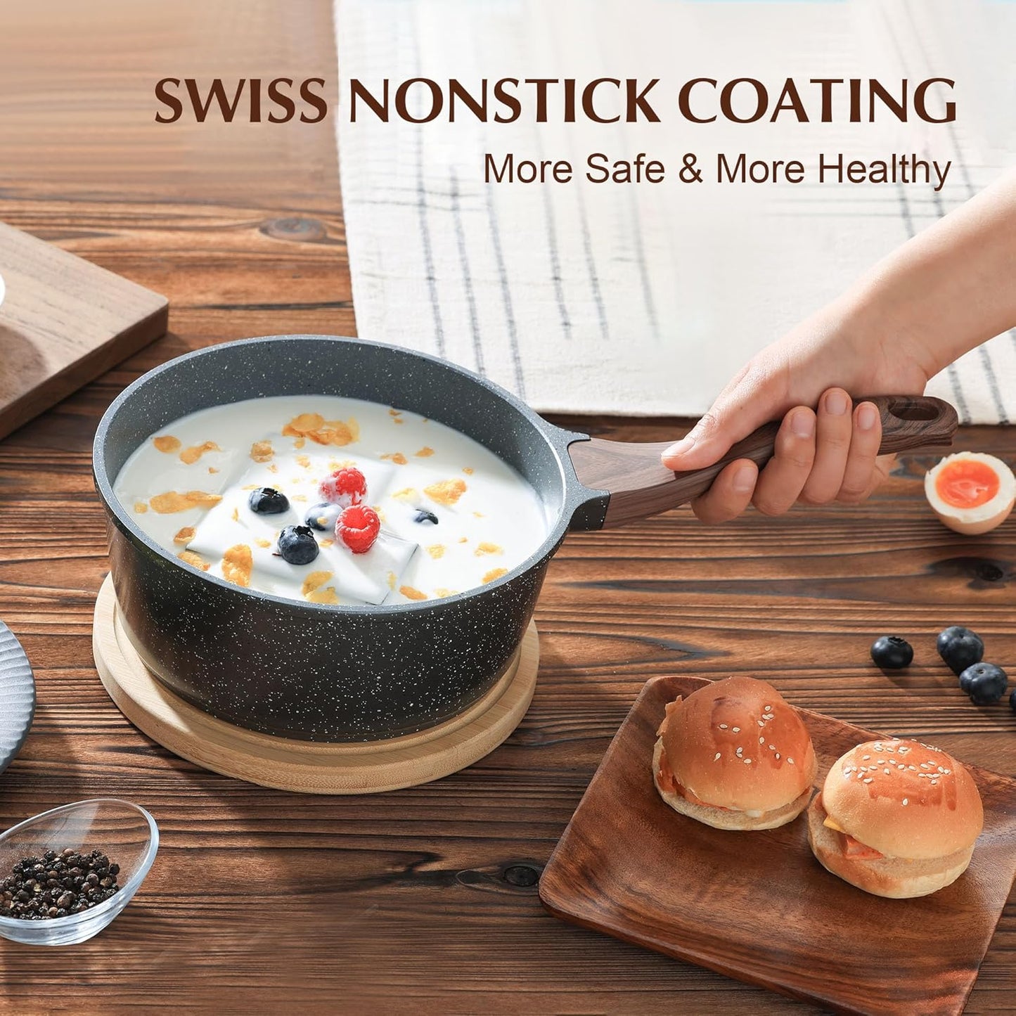SENSARTE Nonstick Sauce Pan with Lid Saucepan Set, Swiss Granite Coating Sauce Pot Kitchen Cooking Pot Sets, Induction Comptable, Free of Intentionally Added PFOA, 1.5 + 2 QT