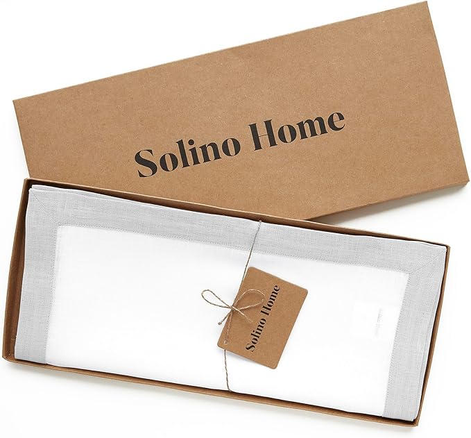 Solino Home Linen Table Runner 108 Inches Long - Soft Grey and White 100% Pure Linen 14 x 108 Inch Table Runner for Dining, Christmas, New Year - Classic