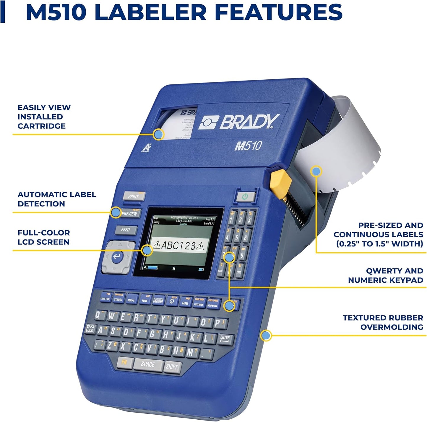 Brady M510 Portable Industrial Label Printer Kit with Safety and Facility ID Software, Carrying Case, Label Cartridge, Rechargeable Battery and Charger, 3.75" H x 5.75" W x 10" D