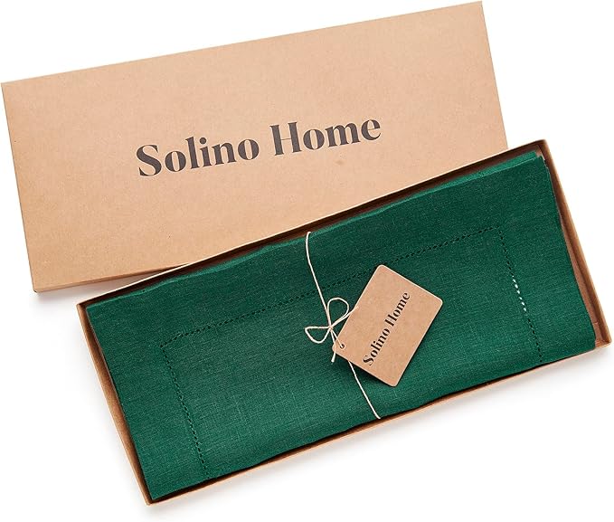 Solino Home Linen Rainforest Green Table Runner 156 Inches Long - 100% Pure Linen Extra Long Table Runner 14 x 156 Inch for Christmas, New Year - Classic Hemstitch