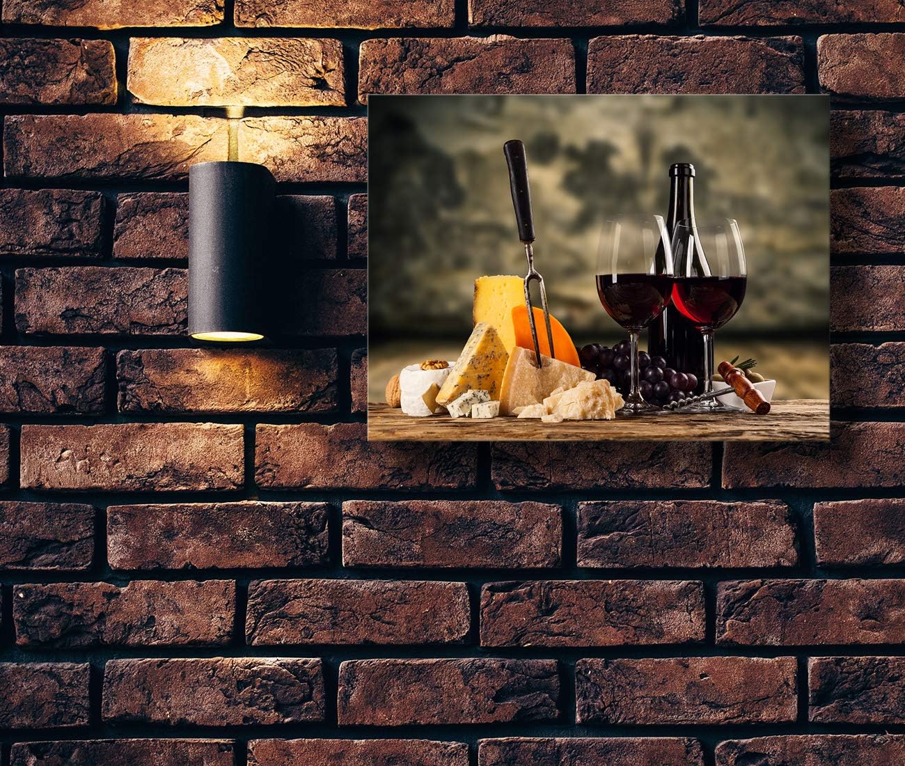 Looife Kitchen Still Life Canvas Wall Art, 40x30 Inch Gallery Wrapped Red Wine with Cheese Picture Prints Wall Decor, Food Art Deco for Dining Room and Bar Decoration