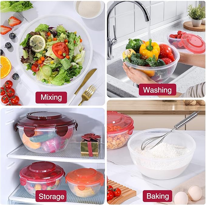 LUXEAR Mixing Bowls with Lids Set, Storage Bowls with Lids Set for Fridge, Meal Prep Bowls 4 Set BPA-Free Salad Bowls with Lid & Handle BPA-Free Salad Storage Container Cooking/Baking/Dishwasher Safe