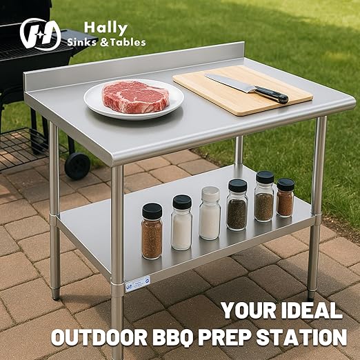 Hally Stainless Steel Table for Prep & Work 18 x 60 Inches, NSF Commercial Heavy Duty Table with Undershelf and Backsplash for Restaurant, Home and Hotel