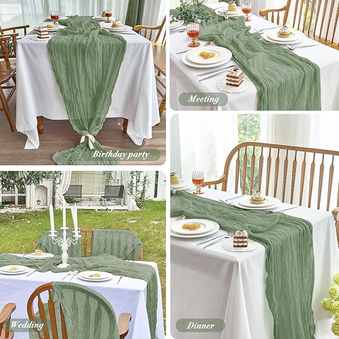 IVAPUPU 4 Pcs Cheesecloth Table Runner - 10ft Sage Green Boho Gauze Cheese Cloth Table Runners for Baby Shower Decoration Wedding Party Summer Garden Farmhouse