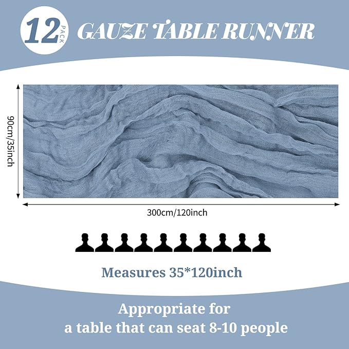 12 Pack 10Ft Dusty Blue Cheesecloth Table Runner 35 x 120 inch Boho Gauze Cheese Cloth Table Runner Vintage Rustic Sheer Runners for Wedding Bridal Shower Birthday Party Cake Table Decorations
