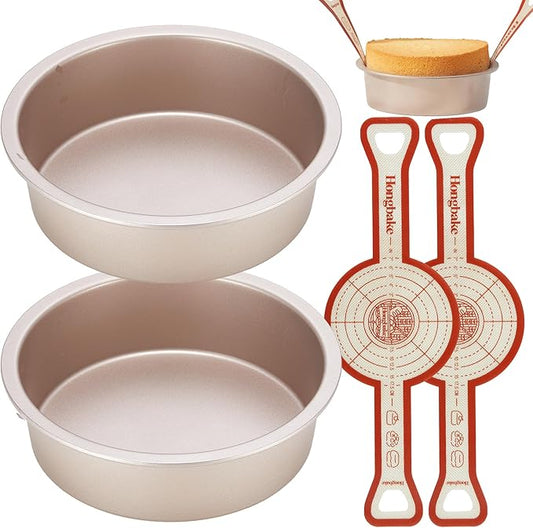 HONGBAKE 8 Inch Round Cake Pan Set for Baking with 2 Pcs Silicone Baking Sling Mats, Nonstick Circle Cake Pans Set of 2, 2.5" Deeper Layer Cake Tin for Oven, Cheesecake Mold, Huty Duty, Golden