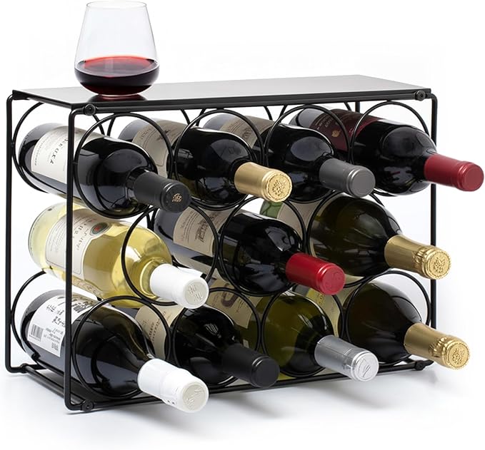 Countertop Wine Rack – Black Powder Coated Metal Wine Holder, Minimal Scandinavian Design – Modern Geometric Small Wine Rack for Countertop, Cabinet, or Tabletop Storage, Fits 11 Bottles