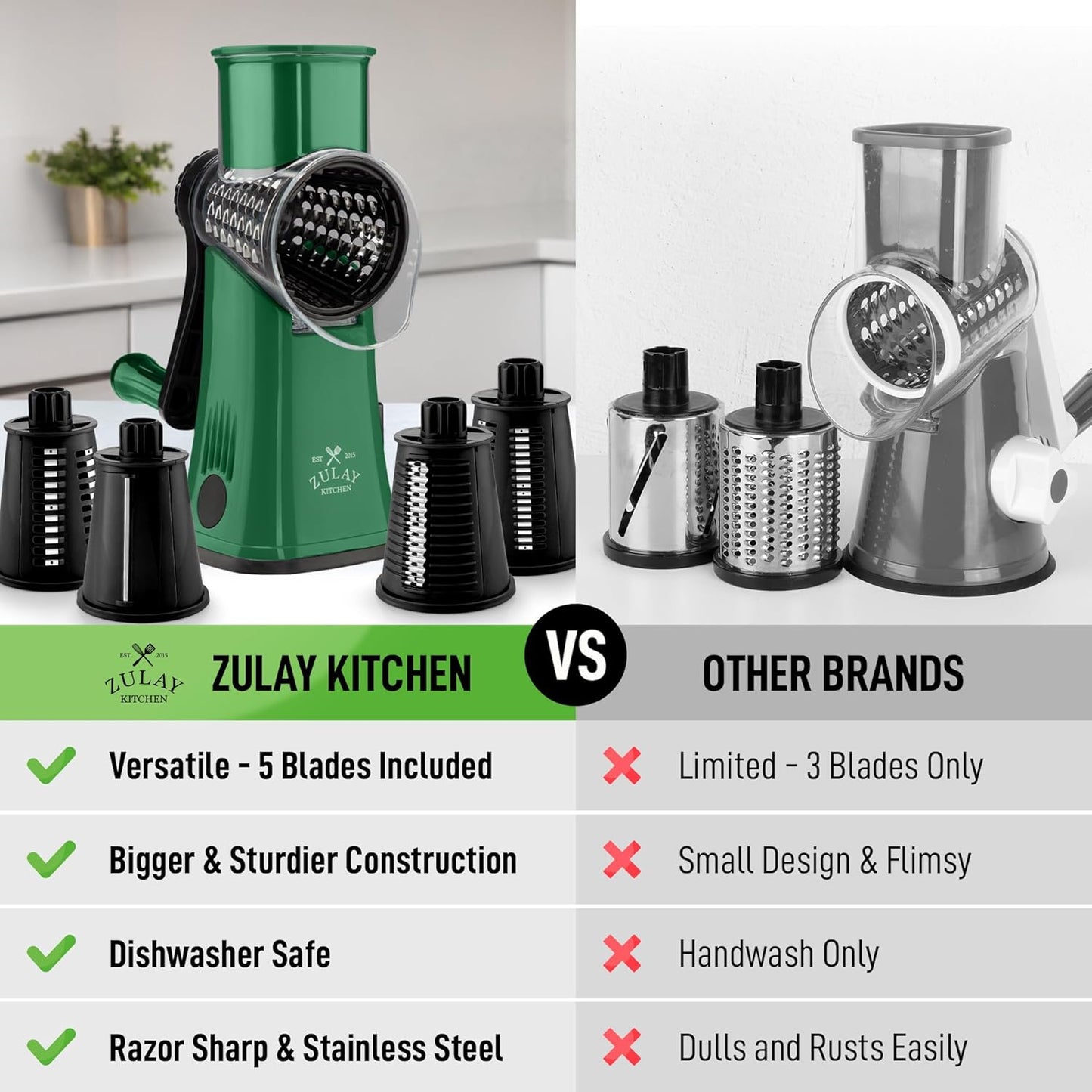 Zulay Kitchen Rotary Cheese Grater 5 Blade Cheese Shredder - Manual Hand Crank Cheese Grater With Reinforced Suction & 5 Interchangeable Drums - Easy to Use, Vegetable Chopper Round Mandoline Slicer