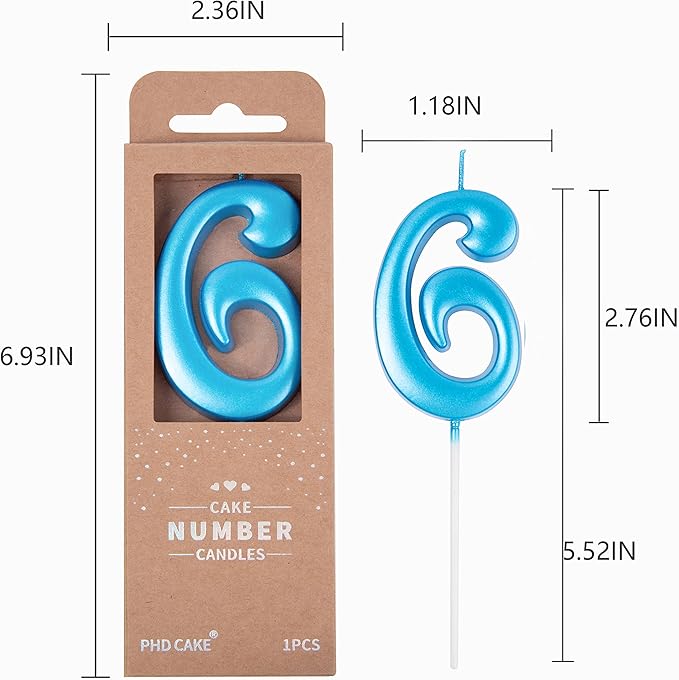 PHD CAKE 2.76 Inch Elegant Blue 6 Number Birthday Candles, Blue Number Candles, Cake Number Candles, Party Celebration
