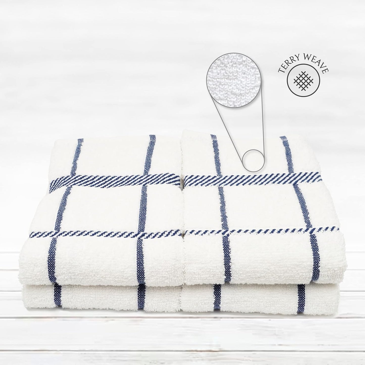 100% Cotton Terry Dish Towels, 4 Pack Checks, 16 x26 Inches, Super Soft and Absorbent Kitchen Towels, Perfect for Kitchen Cleaning and Dish Washing | Navy Blue