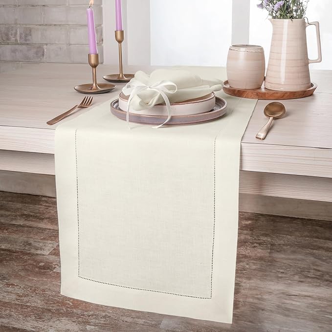 D'Moksha Homes Linen Ivory Table Runner 144 Inches Long - 100% Pure Linen Extra Long Table Runner 14 x 144 Inch for Winter, Christmas, Holiday, New Year - Classic Hemstitch