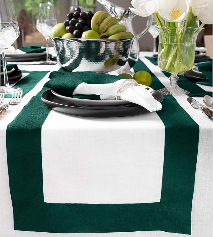 Solino Home Linen Table Runner 36 Inches - 100% Pure Linen Rainforest and White Small Table Runner 14 x 36 Inch Ideal for Dresser and Coffee Tables - Contempo - Christmas, Winter, New Year