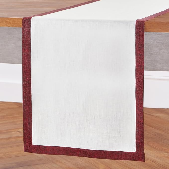 Solino Home Linen Table Runner 48 Inches - 100% Pure Linen Red Garnet and White Small Table Runner 14 x 48 Inch Ideal for Dresser and Coffee Tables - Christmas, New Year, Winter - Classic