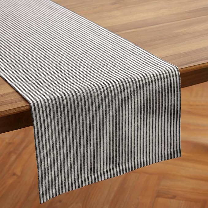 Solino Home Linen Striped Table Runner 108 Inches Long - Narrow Stripe 100% Pure Linen Black and White Dining Table Runner 14 x 108 Inch for Winter, Christmas, New Year