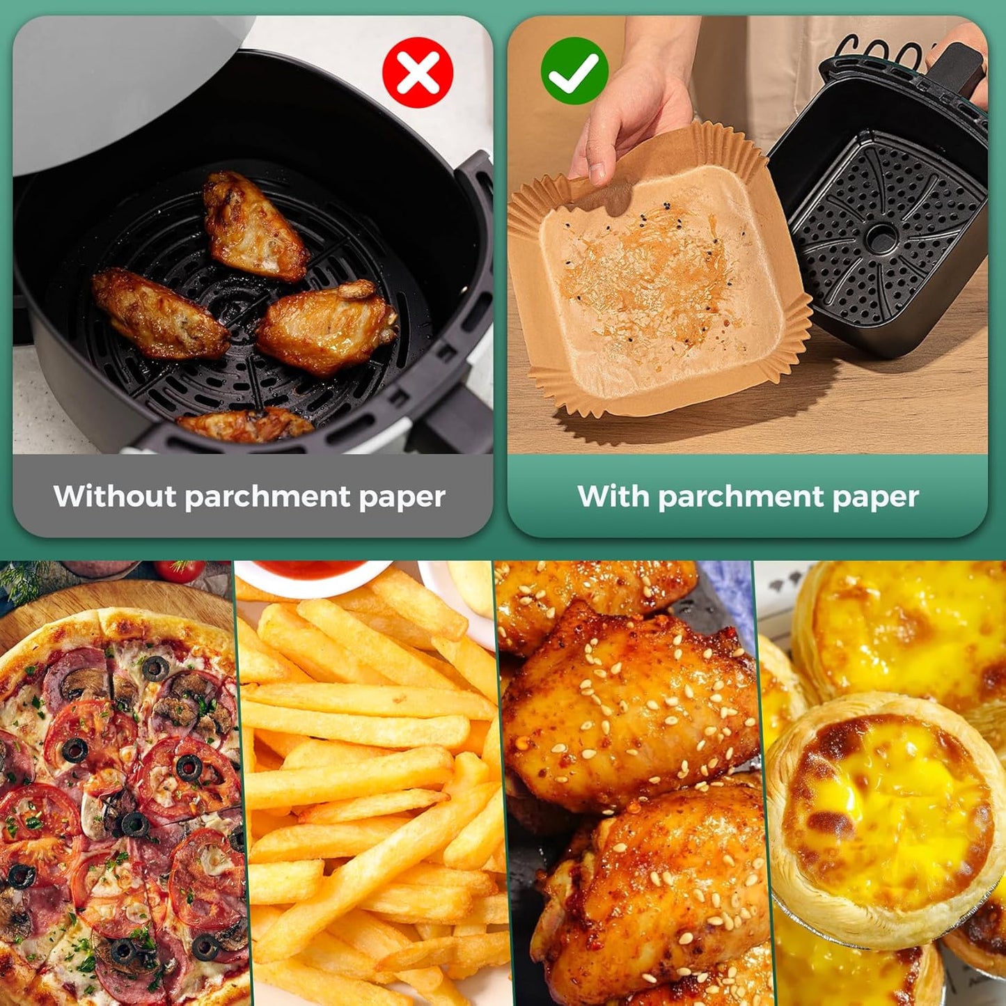 300 Pcs Air Fryer Paper Liners, 8" Square Air Fryer Liners Disposable, Heavy-duty Parchment Paper for 5-8 qt Airfryer Basket, Non-Stick & Grease Proof Baking Liner for Oven Pan
