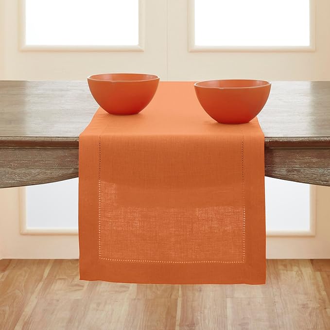 Solino Home Linen Pumpkin Hemstitch Table Runner 36 Inches - 100% Pure Linen Small Table Runner 14 x 36 Inch Ideal for Dresser and Coffee Tables - Classic Hemstitch - Holiday