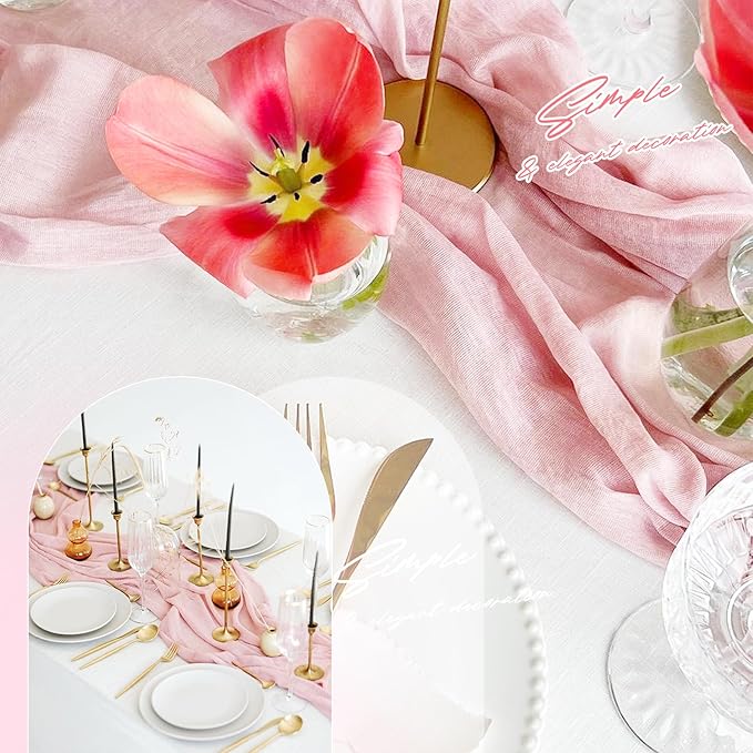 Aktor 12 Pack Pink Cheesecloth Table Runner 10Ft Gauze Table Runner Boho Semi Sheer Cheese Cloth Fabric Runners for Wedding Birthday Baby Shower Party Table Decoration（Pink）