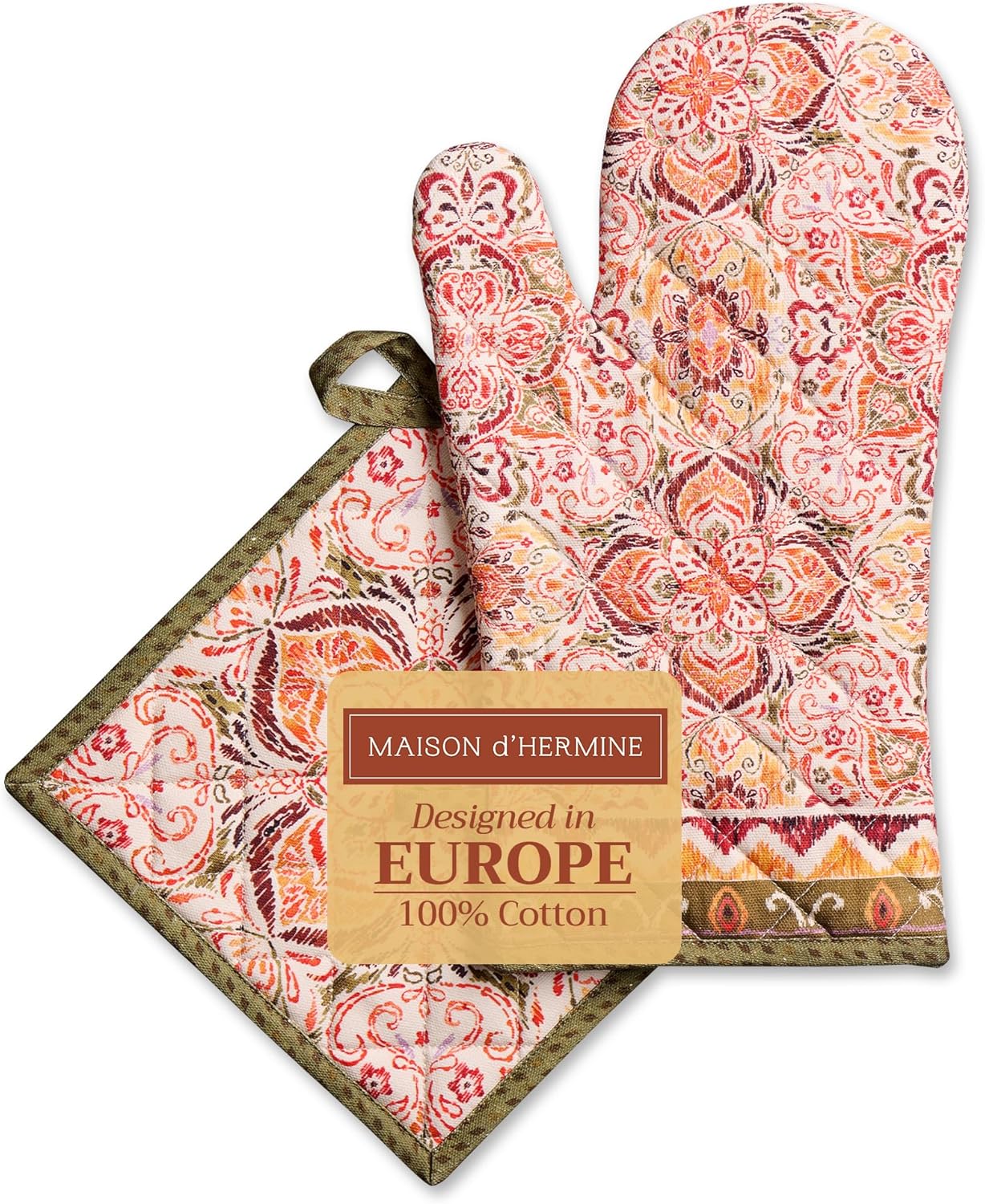 Maison d' Hermine 100% Cotton Oven Mitt & Pot Holder Set (7.5"x13" & 8"x8") Heat Resistant BBQ Cooking Gloves with Loop, Baking, Grilling, Kitchen, Handling Hot Pans (Damask)