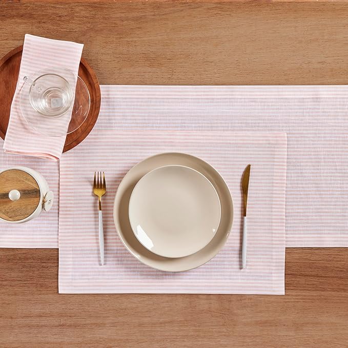 Solino Home Linen Table Runner 48 Inches - Narrow Stripe 100% Pure Linen Peach and White Farmhouse Table Runner 14 x 48 Inch Ideal for Dresser and Coffee Tables