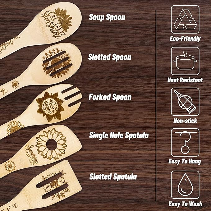 Eartim Sunflower Wooden Spoon Utensils - 5Pcs Summer Sunflower Theme Kitchen Cooking Utensil Set Natural Non-Stick Carve Burned Bamboo Cooking Spoon Slotted Spatulas Kitchen Tool Birthday Wedding Gift
