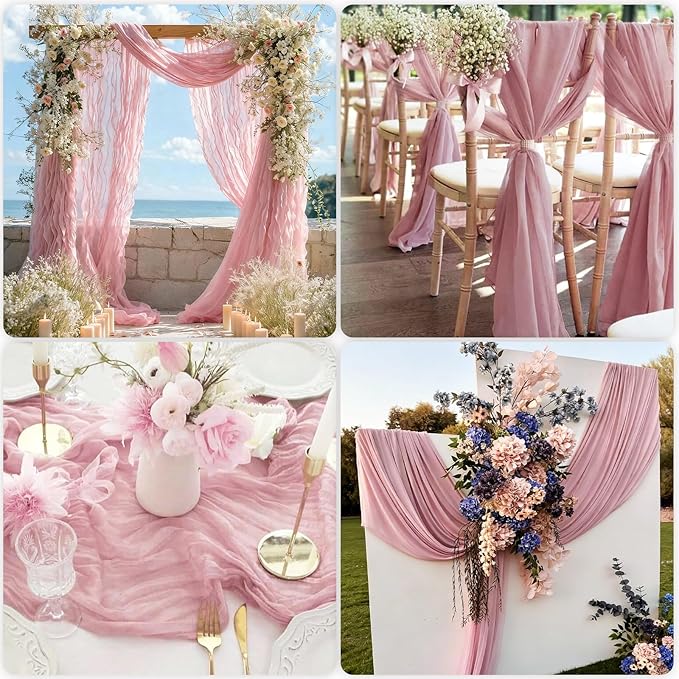 3 Pcs 35"×120" Light Pink Cheesecloth Table Runner, Cute Pleated Boho Gauze Rustic Sheer Translucent Runner, Table Decorations for Valentine Wedding Baby Shower Birthday Holiday Home Decor