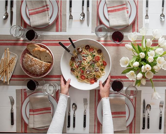 Solino Home Striped Linen Table Runner 108 Inches Long - French Stripe 100% Pure Linen Red and Natural Dining Table Runner 14 x 108 Inch for Christmas, Winter, New Year