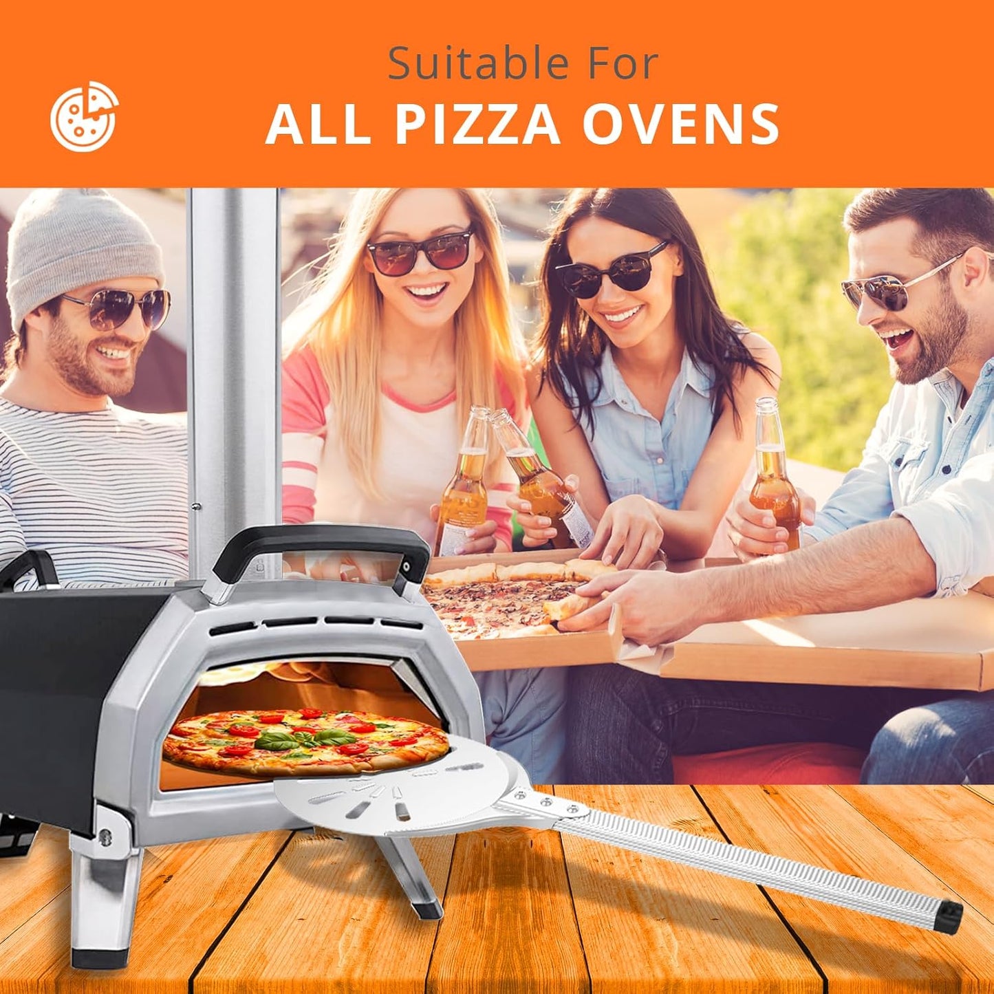 Pizza Turning Peel, 8-inch Pizza Peel Turner Spinner, Long Handle Perforated Aluminum Pizza Peel with Silicone Hook, Pizza Oven Accessories
