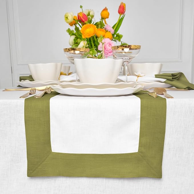 Solino Home Linen Table Runner 48 Inches - 100% Pure Linen Avocado and White Small Table Runner 14 x 48 Inch Ideal for Dresser and Coffee Tables - Winter - Contempo